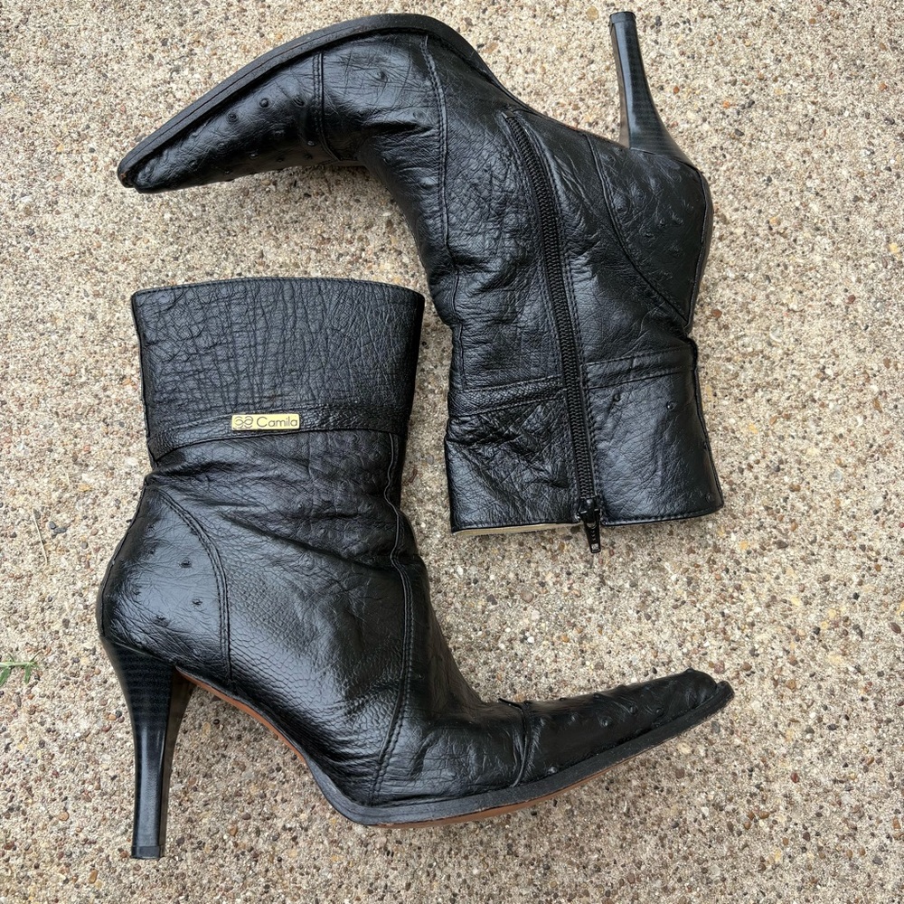 Leather pointed toe heeled ankle boots stiletto western black cowgirl 8.5 / 25.5